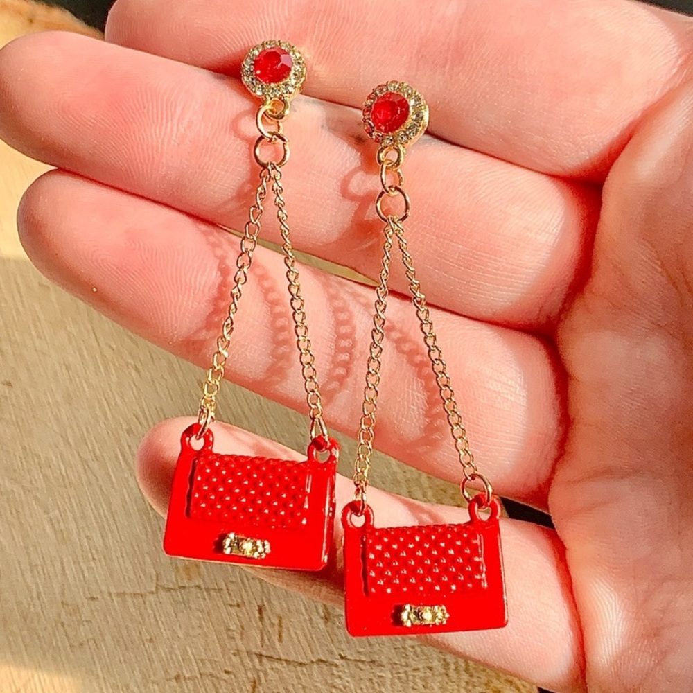 Crimson Red Luxury Clutch Purse Chic Drop CZ Gemstone Cute Earrings - Picture 2 of 5